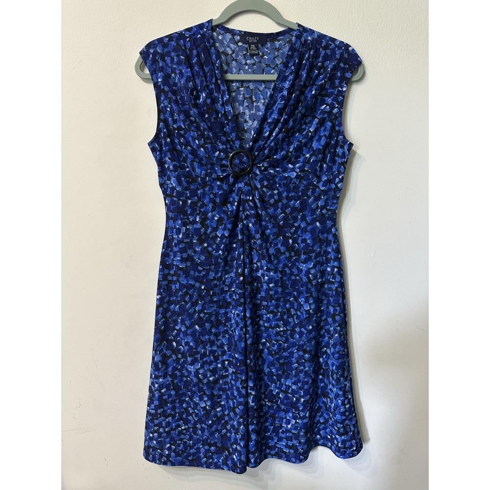 Chaps Petite Medium PM Blue Abstract Print Ring Waist V- Neck Sleeveless Dress